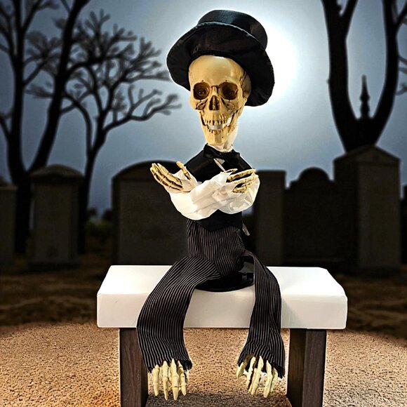 Animatronic Halloween Skeleton With Top Hat And Red Glowing Eyes 15" Tall Sittn' - Picture 1 of 8